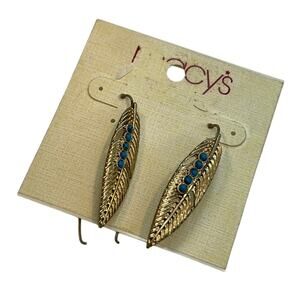 Macy’s Gold Feather Dangle Earrings w/ Blue Stone Accents, NWT!